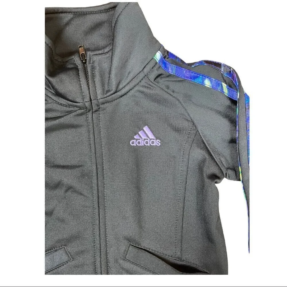 ADIDAS Girls Black Track Jacket Size 2T Full Zip Logo Three Stripe Purple